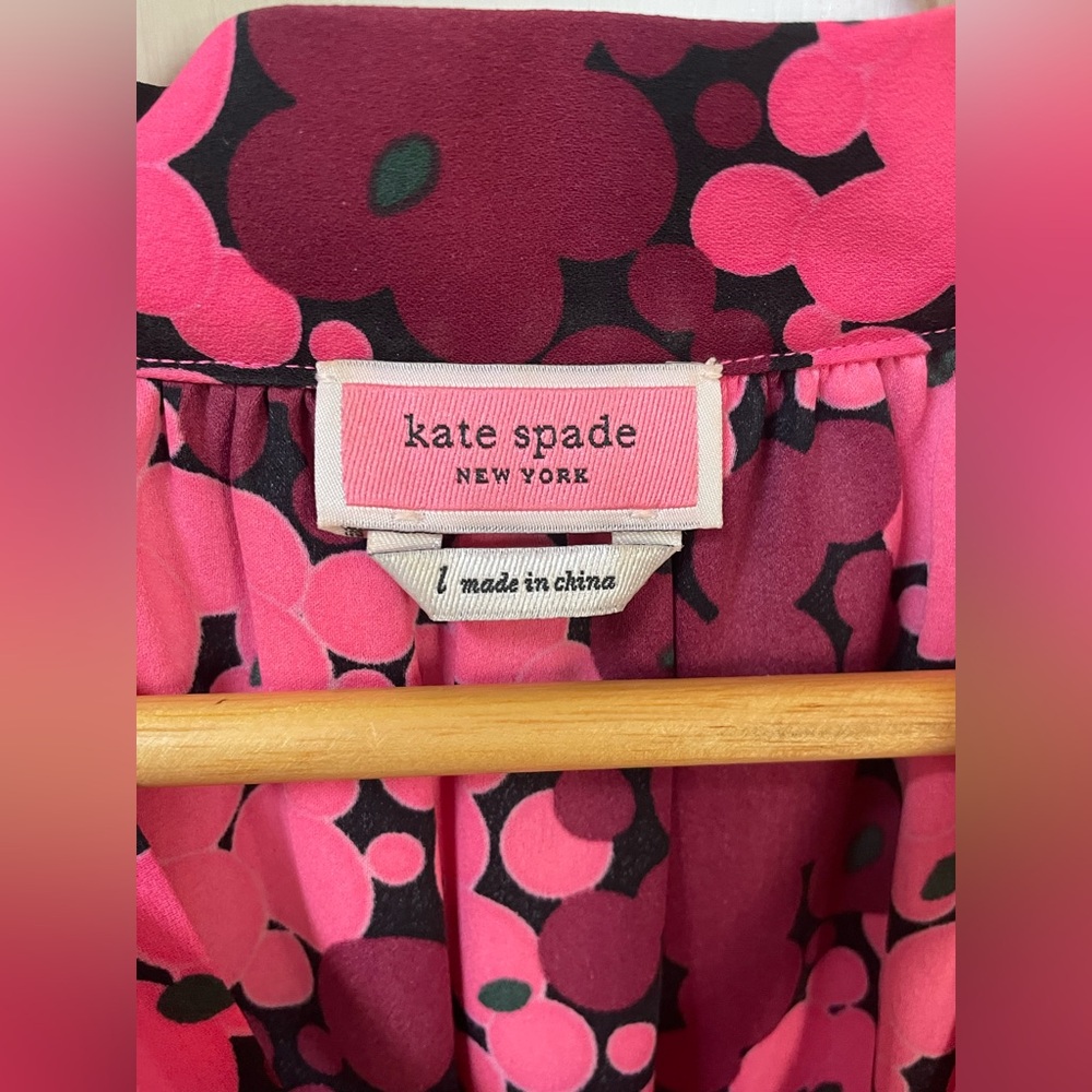 Kate Spade Blouse Top Women’s Large Bubble Dot Floral Tie Neck Pink Designer - Picture 5 of 10